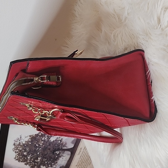 Large Vegan Leather Red Handbag Quilted Pattern Shoulder Satchel Hand Bag Purse - Picture 4 of 10